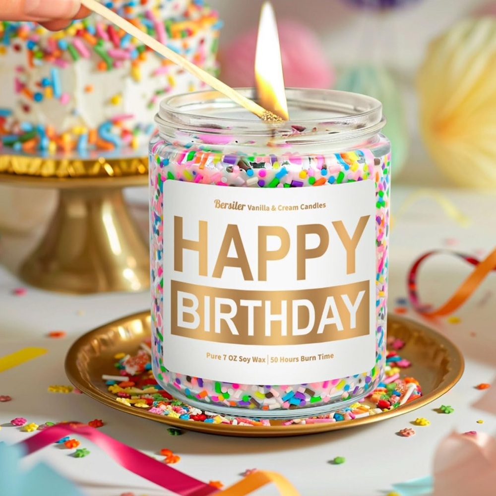 NIB Colorful Confetti Sprinkle Happy Birthday Candle - Vanilla & Cream Scented
